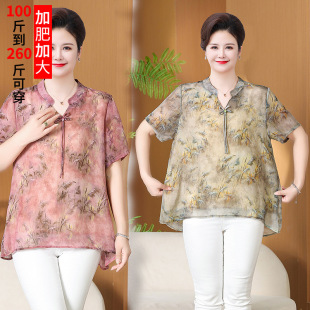 薄宽松时尚 T恤女中老年大码 奶奶 复古国风雪纺短袖 200斤胖妈妈夏季