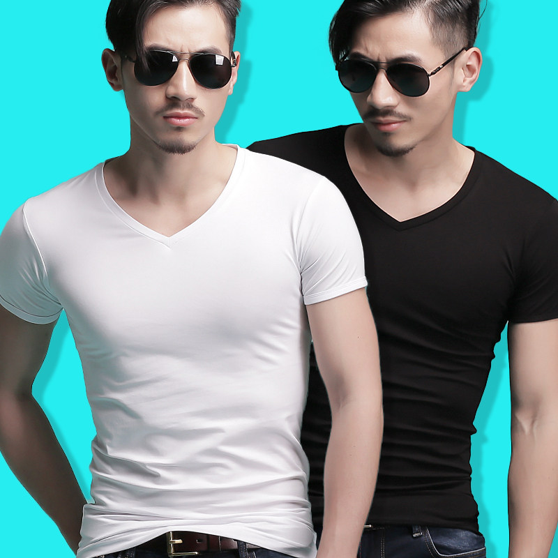 短袖T恤男V领新款修身潮流体恤男紧身打底衫白色上衣服纯棉短袖男