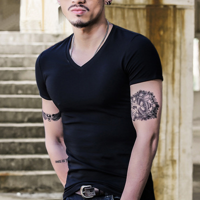 男士夏季纯色鸡心领紧身短袖t恤