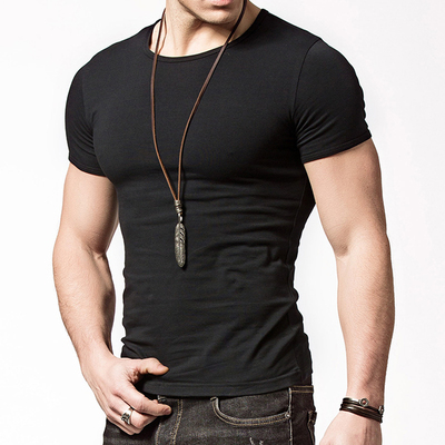 短袖t恤男纯黑白色修身夏季纯棉圆领运动健身体恤紧身上衣短袖男T