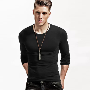 黑色打底衫男长袖t恤纯棉紧身春秋季贴身内搭修身秋衣上衣服男潮