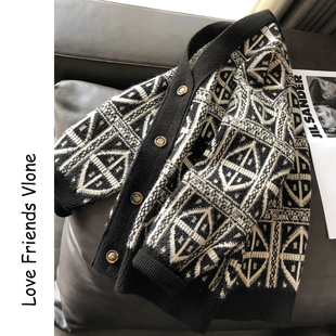 针织外搭开衫女春秋新款宽松覆古V领毛衣黑色慵懒风洋气加厚外套