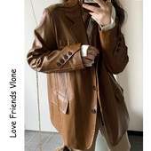 时尚 宽松覆古港风机车夹克西服上衣 棕色皮衣外套女春秋2025年新款