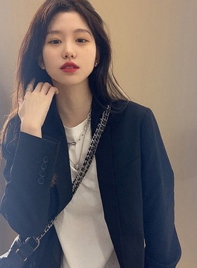 日系黑色小西装女春秋小香风宽松休闲百搭西服小个子显瘦外套上衣