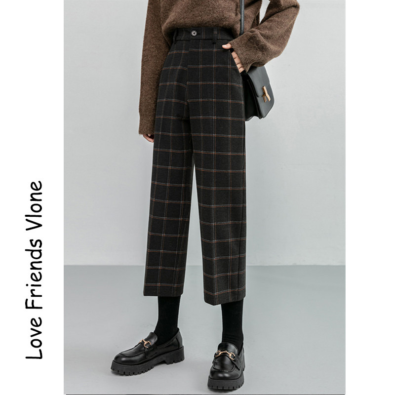 毛呢裤子女阔腿裤春秋款高腰格子直筒宽松八九分小个子高级休闲裤