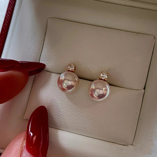 天然akoya海水珍珠耳钉 18K金王妃款耳钉 正圆 极光 无暇