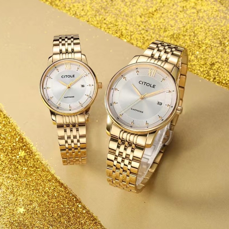 西腾简约时尚情侣表全金色钢带