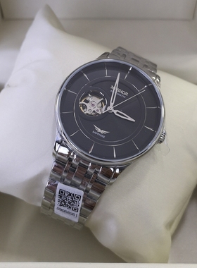 meshor9071圆形钢带机械表男款黑色表盘半镂空蝴蝶扣防水男表