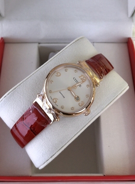 新品西腾手表女表时尚潮款百搭真皮石英表女红色表日历奢华表5201