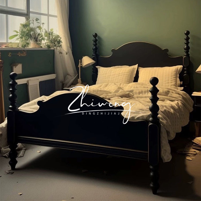 知翁法式复古黑色罗马柱双人实木床美式古典1.8米雕花婚床可定制
