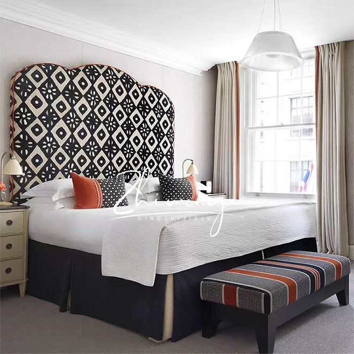 知翁法式轻奢印花布艺床美式新古典1.8米双人主卧软包床可定制