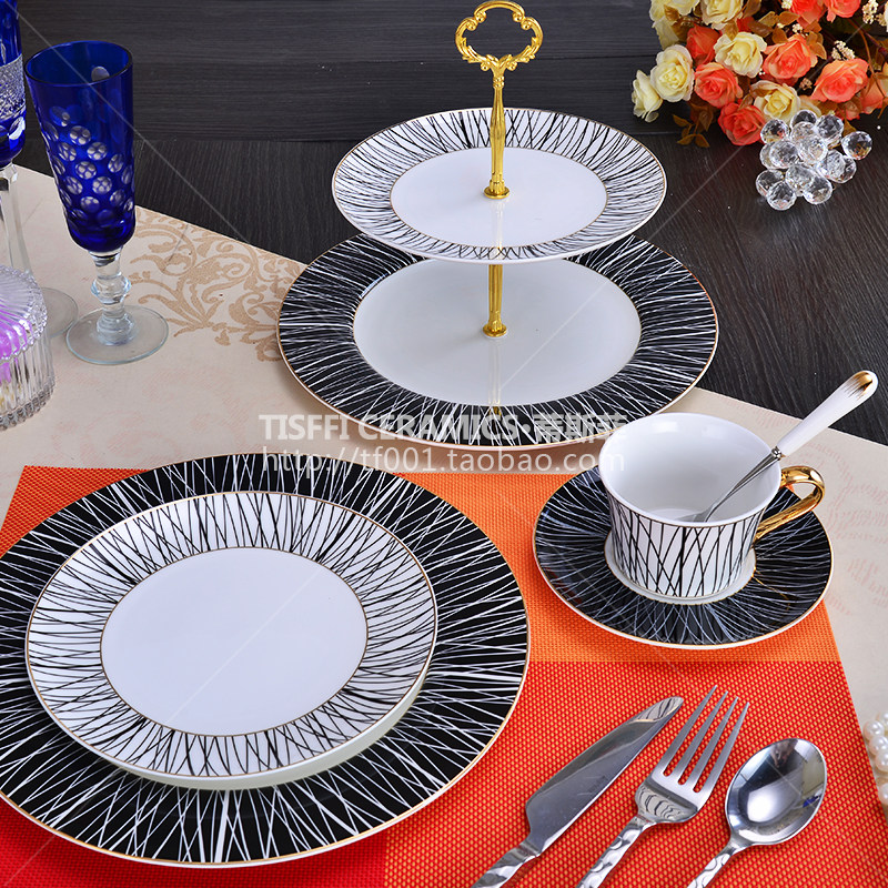 定制欧式鸣海浮雕图骨瓷摆台陶瓷餐具盘子咖啡杯刀叉勺餐巾圈10件