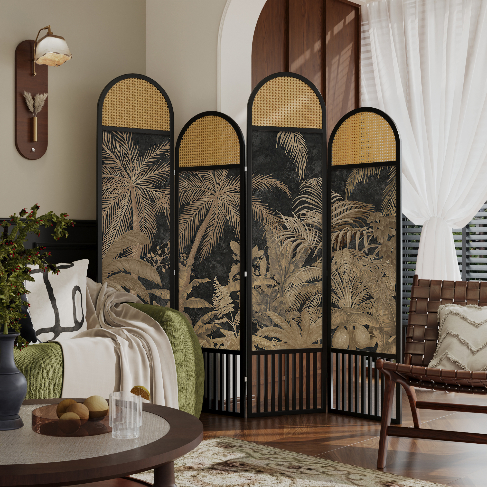 中古风实木屏风隔断客厅背景墙复古玄关家用法式南洋风可移动折屏