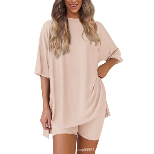 Color Short Piece Loose Outfit Two Solid Shorts Women Sleeve