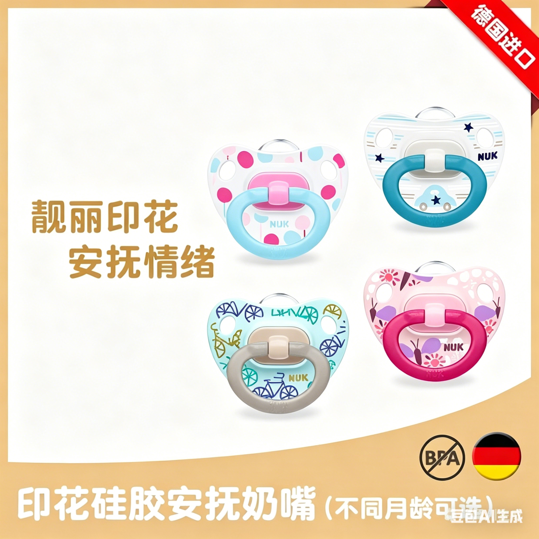 德国进口NUK印花硅胶安抚奶嘴防母乳防胀气安抚神器花色随机2只装