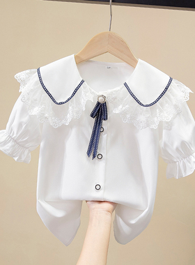 女童短袖衬衣2026夏季款女孩娃娃领上衣夏装纯棉T恤儿童白色衬衫