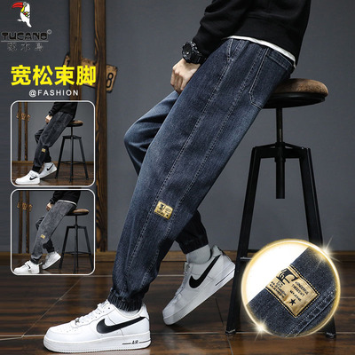 啄木鸟加绒加厚牛仔裤男宽松束脚