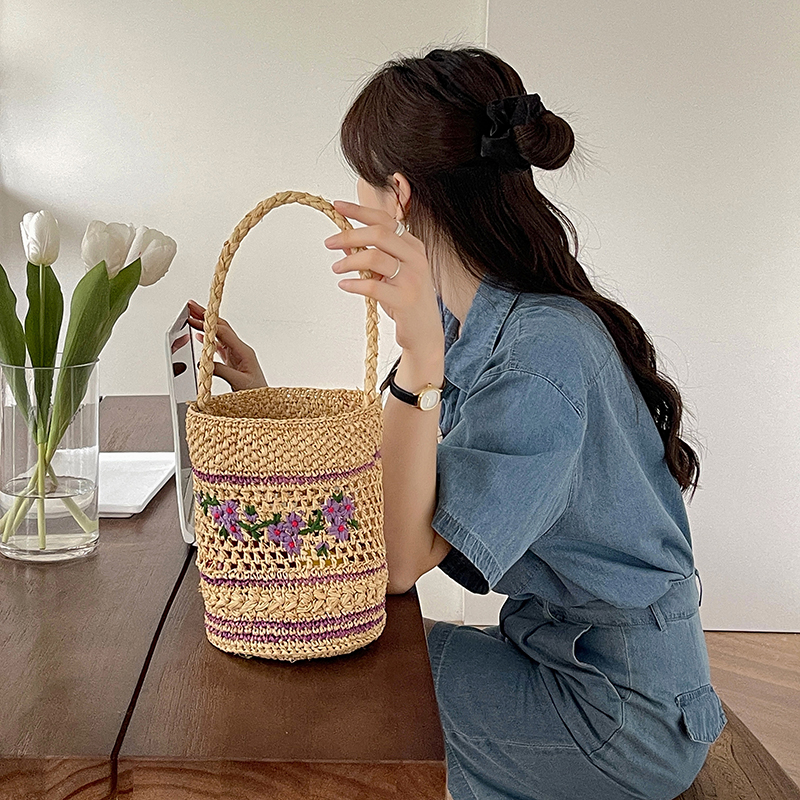 水桶包刺绣小法式复古天然拉菲草