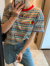 7cm 设计感彩虹条纹短袖T恤女2024夏季新款时尚宽松上衣潮短款