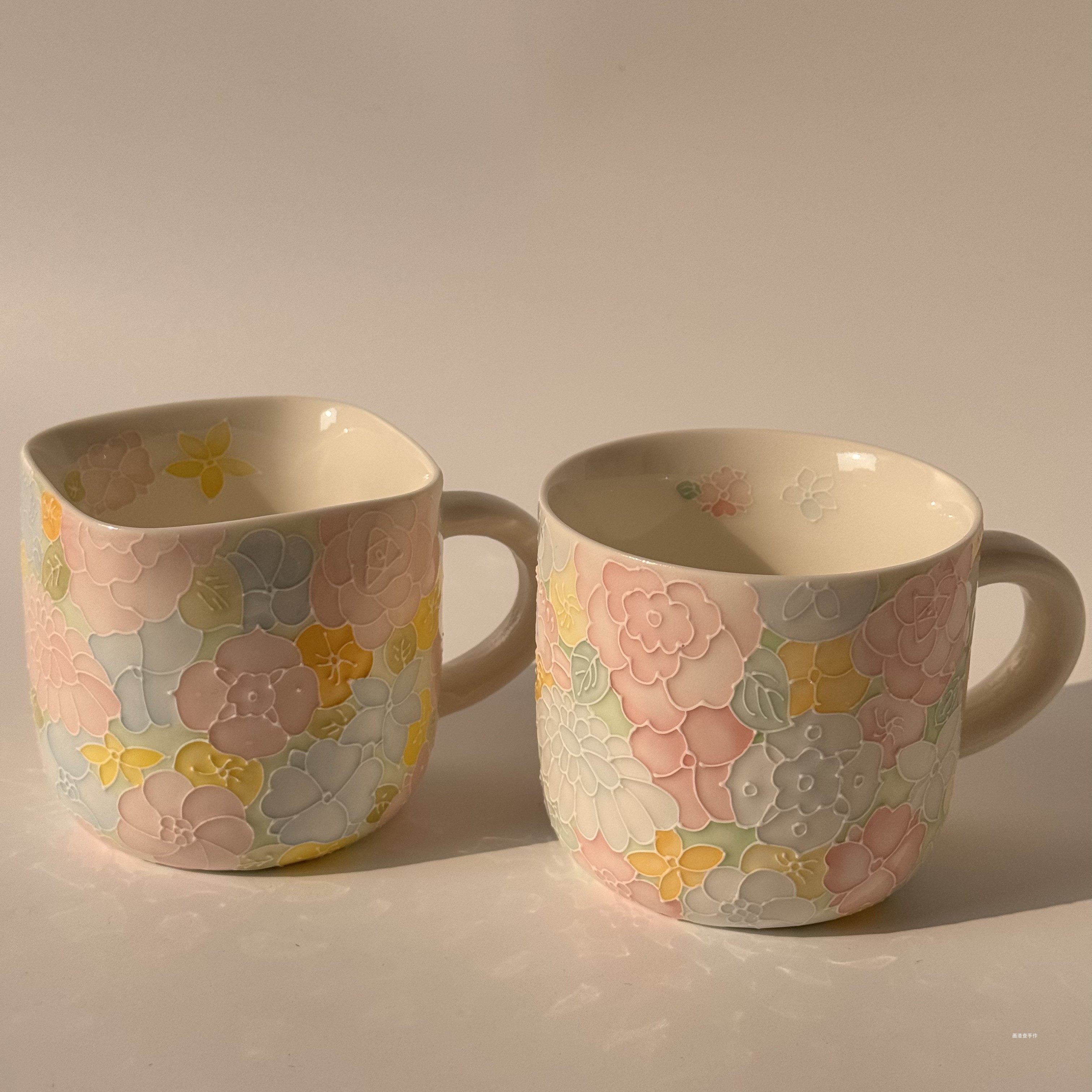 景德镇手绘万花杯高颜值马克杯四方咖啡杯带蝶家用办公陶瓷喝水杯,餐饮具,马克杯,淘宝优惠券,粉丝福利购,淘宝优惠卷