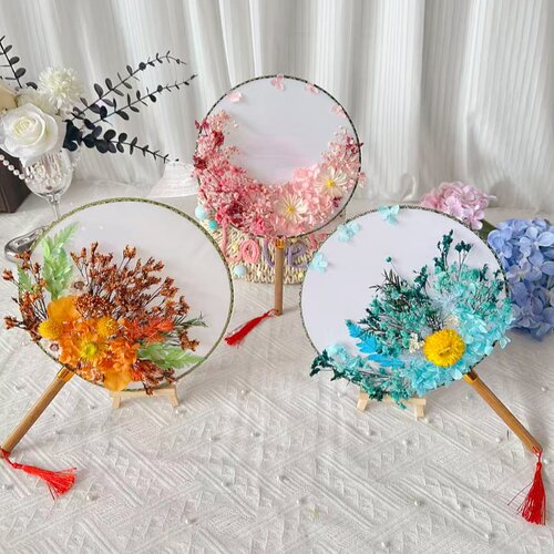 永生花团扇蒲扇干花diy材料包教师节手工制作花材粉色真花装饰品