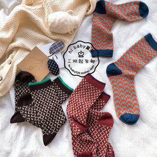 成人女袜~春秋冬ins复古棉双针中筒袜 学院风手工缝头潮堆堆袜子