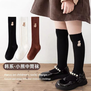 女童学院风 春秋棉韩国刺绣小熊儿童过膝长筒袜秋冬ins潮款高筒袜