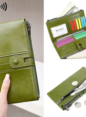 跨境RFID防盗刷女士钱包油蜡皮双拉链长款钱包欧美新款复古手拿包