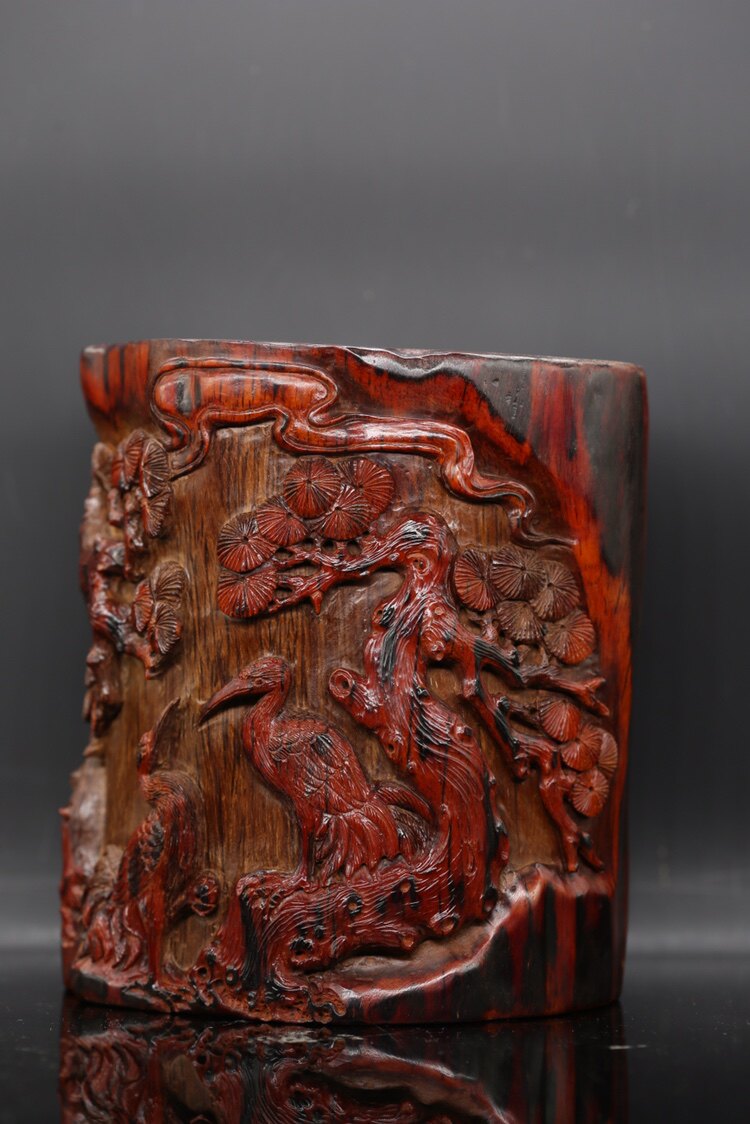 海南笔筒雕刻松树仙鹤摆件工艺品