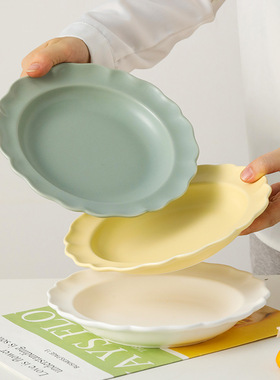 韩国ins陶瓷盘子复古花边奶油色西餐盘餐具餐厅陶瓷盘子简约饭盘