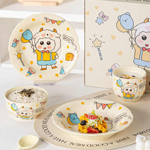 卡通小新釉下彩陶瓷碗碟餐具套装儿童餐盘生日礼物水杯咖啡杯礼品
