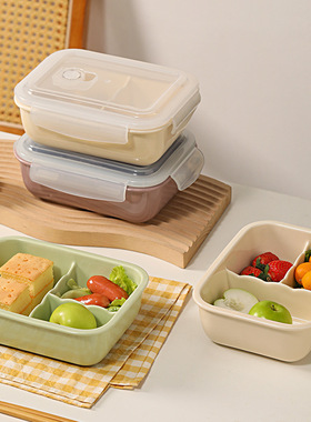 奶油陶瓷学生分隔饭盒带盖便携微波炉加热上班族保鲜碗专用便当盒
