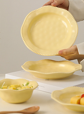奶油盘子ins风高颜值釉下彩菜盘子高颜值网红餐盘家用简约深盘子