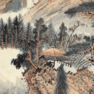 张大千 罗浮黄龙洞山水图 客厅茶室 装饰画芯 挂轴装裱 微喷复制