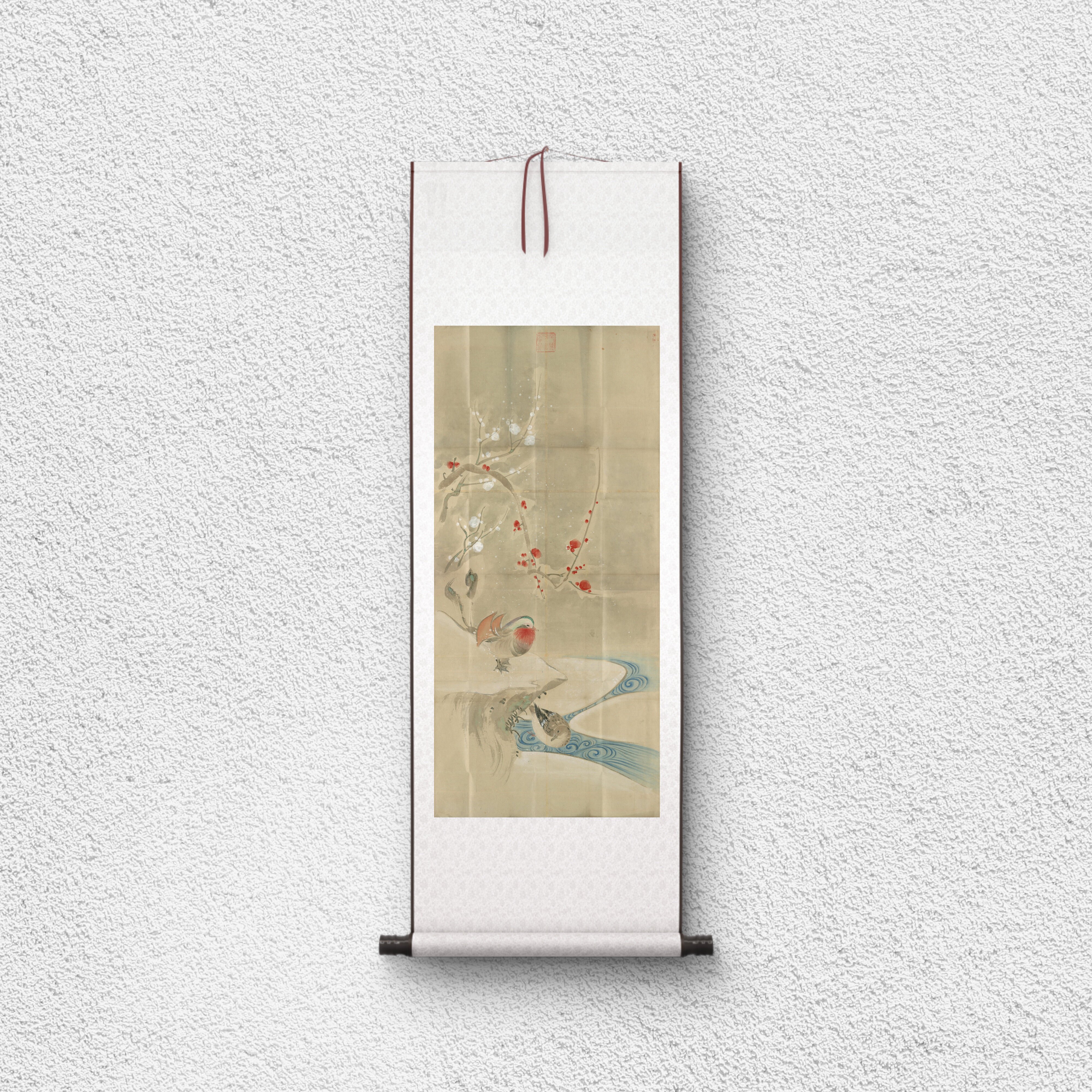 古画粉本 梅花鸳鸯图 写意花鸟 国画立轴 纸本绢布 微喷复制