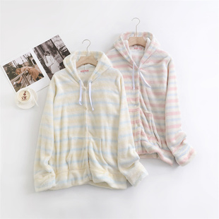 只有XL出口日本女士珊瑚绒家居服上衣拉链带帽保暖睡衣上装