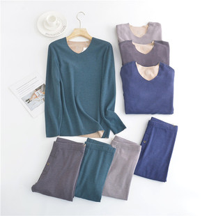 含羊绒蚕桑丝男士双面德绒无痕保暖内衣套装加薄绒发热