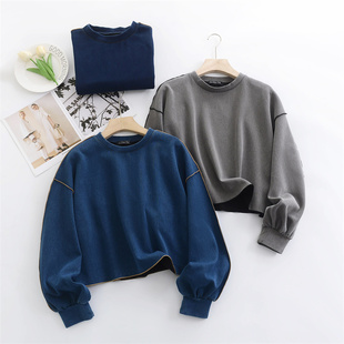 日单女士牛仔加绒牛仔卫衣蝙蝠衫纯色 宽松显瘦短款长袖卫衣