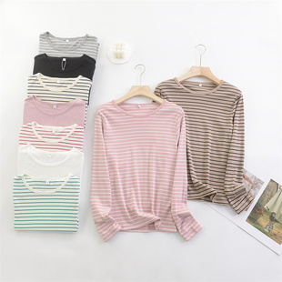 补货啦出口日本女士百分百纯棉条纹打底衫长袖T恤圆领可当秋衣