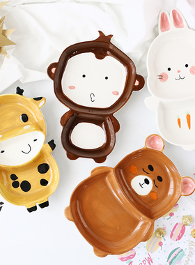 釉下彩宝宝吃饭碗盘子儿童餐具套装辅食盘碗可爱分格盘薯条小吃盘