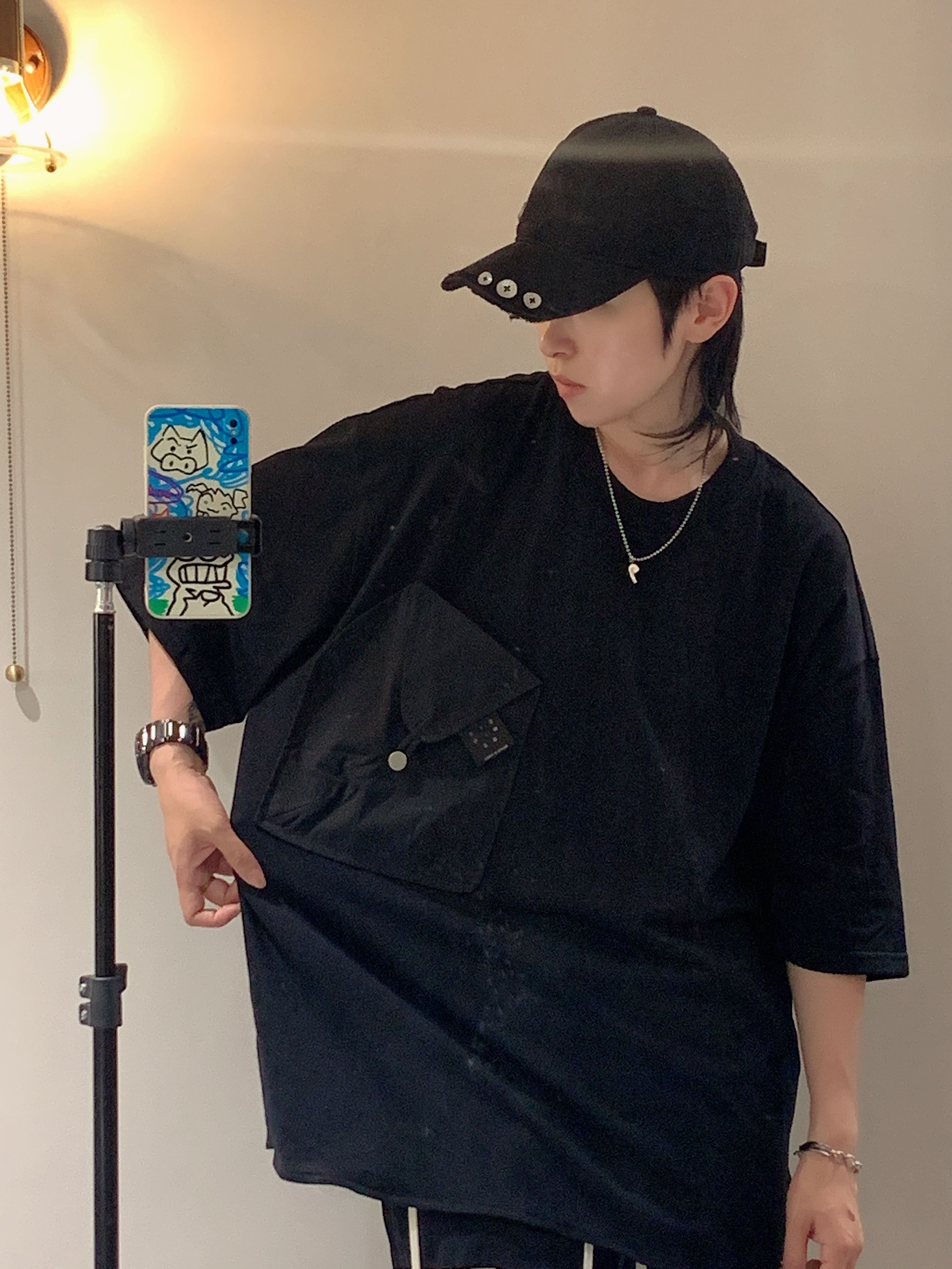 原创设计男装夏季男士日系黑色宽松圆领短袖t恤男半袖薄潮流t女上
