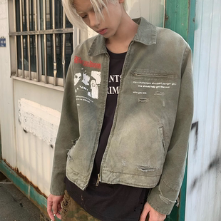 SUNINWAVE Vintage水洗做旧纯棉印花底特律拉链夹克外套 ERD风格