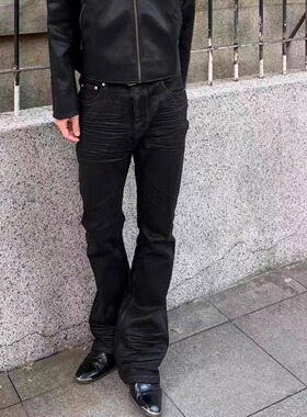 SUNINWAVE立体黑胶涂层刷蜡褶皱微弹修身微喇中高腰牛仔长裤