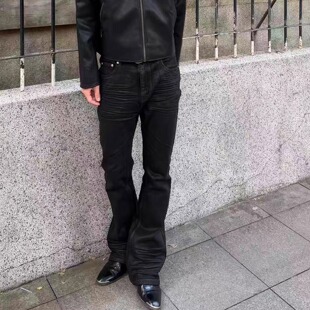 SUNINWAVE立体黑胶涂层刷蜡褶皱微弹修身微喇中高腰牛仔长裤