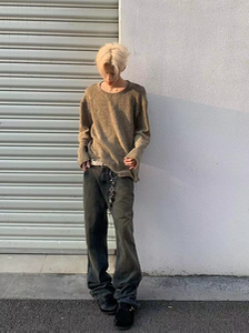 SUNINWAVE秋冬宽松直筒脏染水洗做旧高盎司中高腰牛仔长裤潮男女