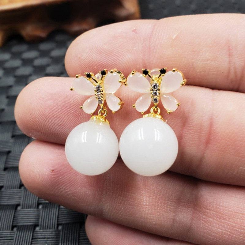新款天然玉石新疆白玉圆珠耳环金丝玉蝴蝶款耳钉玉石耳环玉耳坠,珠宝/钻石/翡翠,耳饰,淘宝优惠券,粉丝福利购,淘宝优惠卷