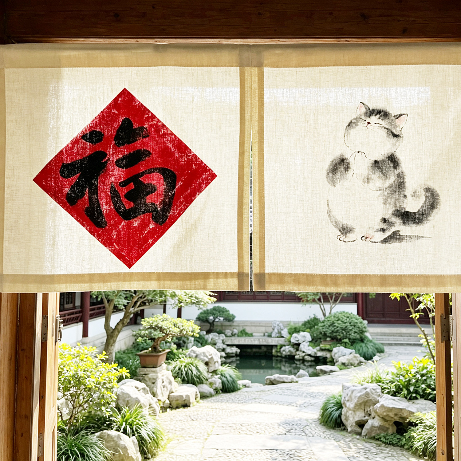 手绘门帘福字猫咪布帘棉麻新中式帘遮挡半帘隔断茶室短帘