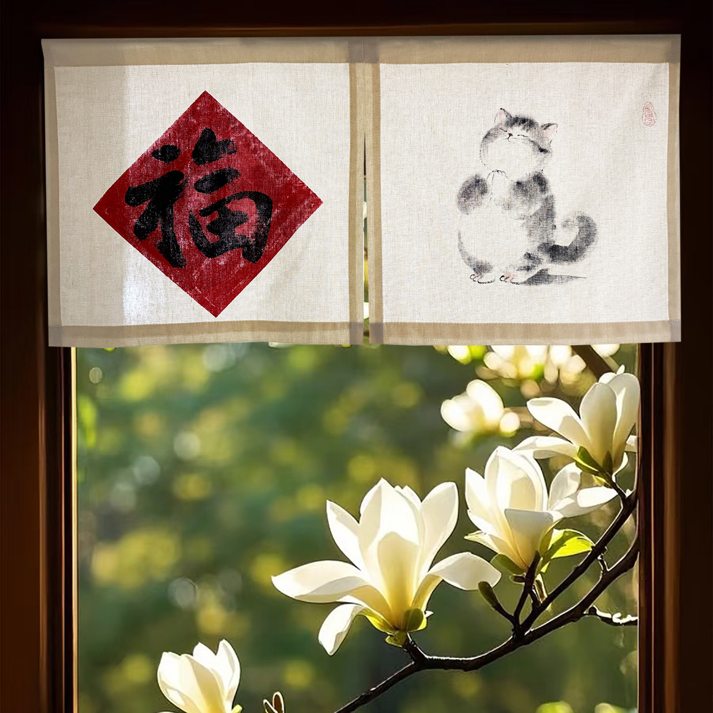 手绘门帘棉麻柜帘遮挡新中式门头半帘小窗帘隔断帘免打孔茶室布帘,居家布艺,门帘,淘宝优惠券,粉丝福利购,淘宝优惠卷