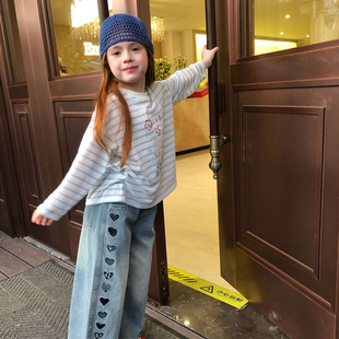 26新款春装女童复古爱心刺绣牛仔阔腿裤宽松显瘦长裤时尚休闲百搭