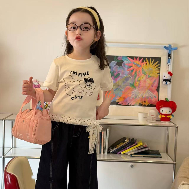 可爱卡通印花短袖白色小羊欧根纱波点T恤牛仔白色蕾丝蝴蝶结裤子